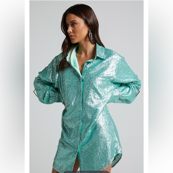 SHOWPO CALLY MINI DRESS - OVERSIZED SHIRT DRESS IN AQUA SEQUIN - Picture 2 of 7